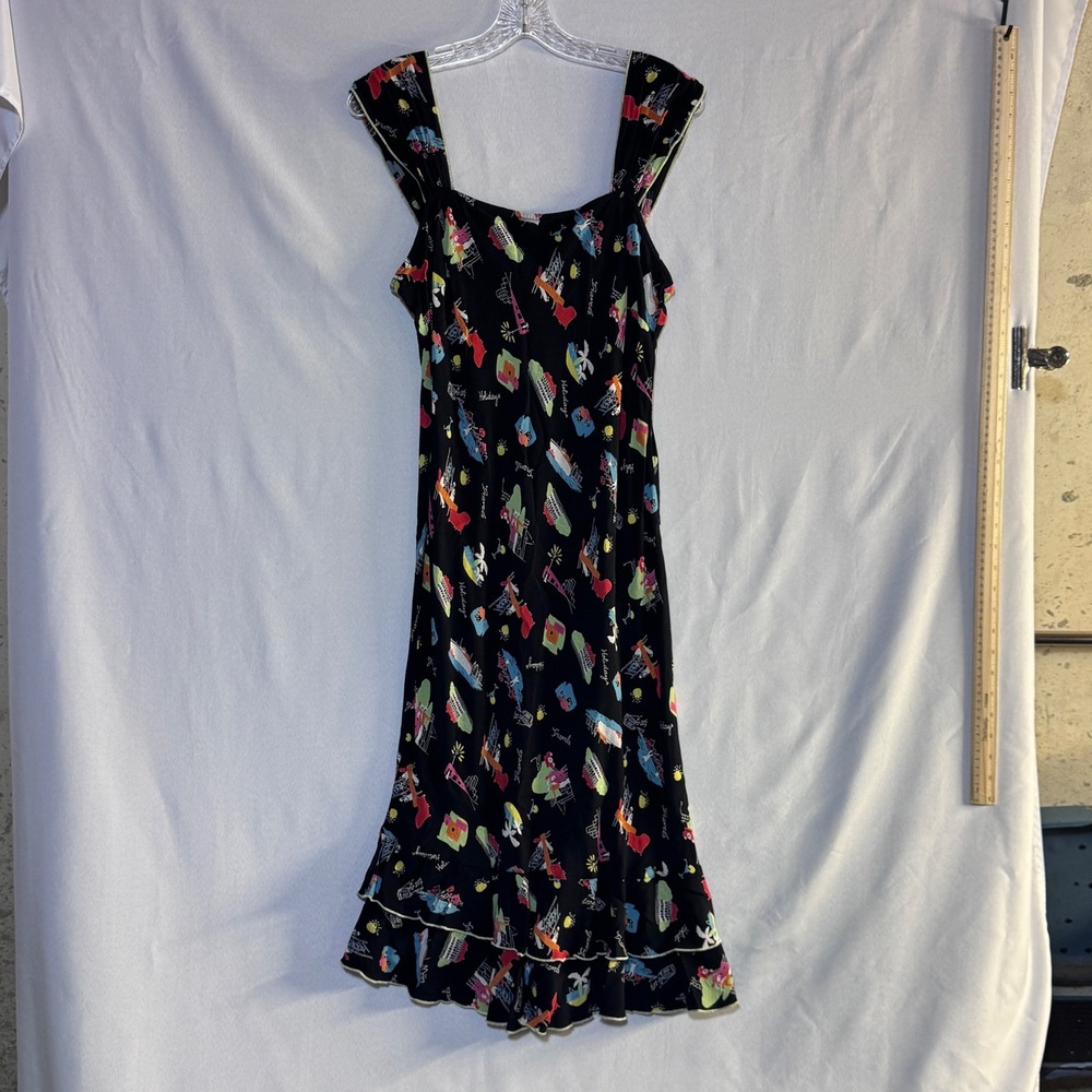 Twyla & Blu Novelty Print Dress Womens L Black Vacation Cruise Retro Ruffle Midi